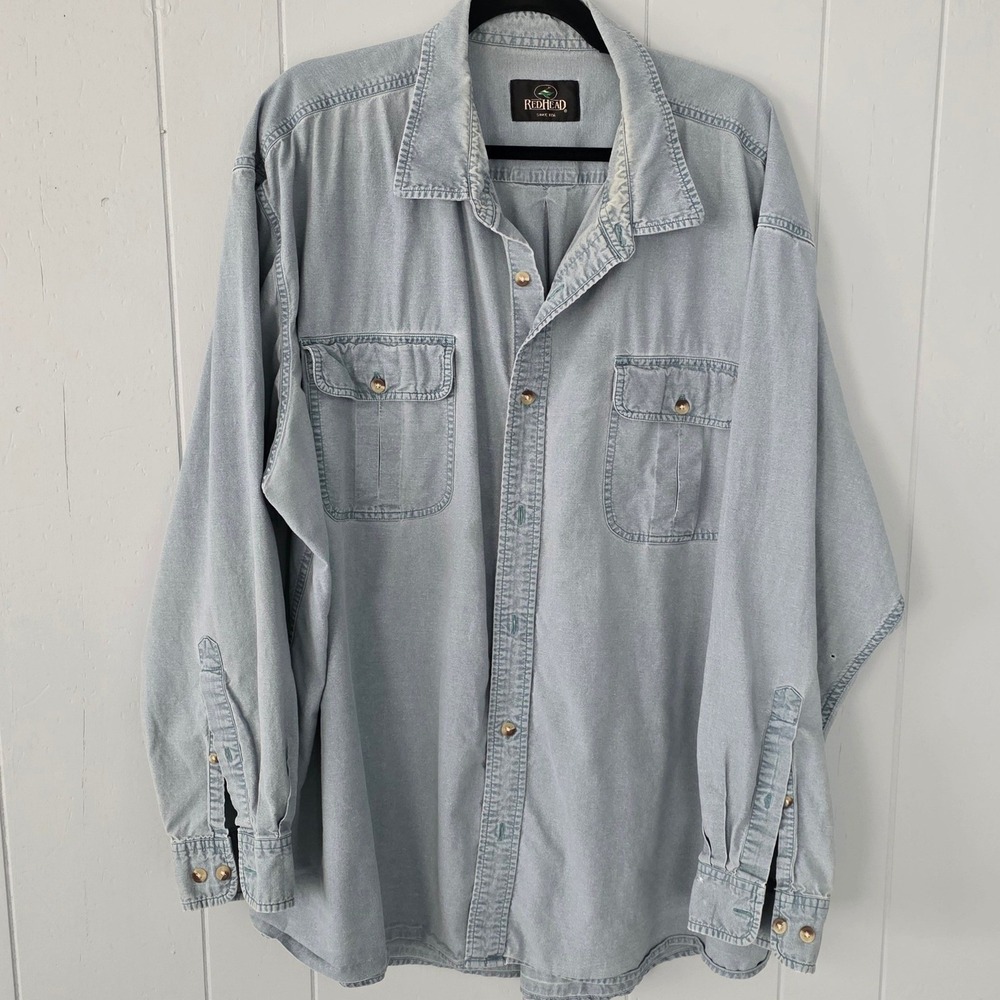 RedHead Mens 4XL Light Wash Denim Button Down Shirt Long Sleeve Workwear Cotton